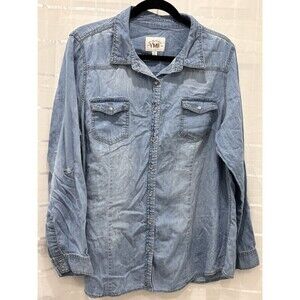 YMI Womens Blue Denim Chambray Shirt Pearl Snap Plus 2X Distressed Western
